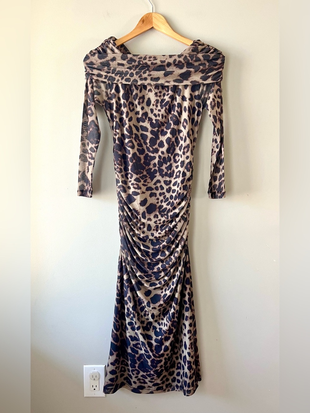 BNWOT ICHI Leopard-print Midi Dress Mesh Ruching Bardot Neck Size Small - Picture 4 of 12